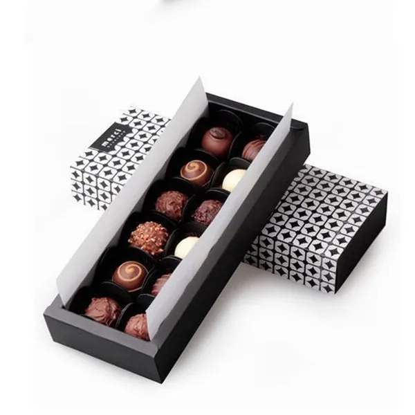Luxury black truffle box showcasing gourmet chocolates in matte rigid packaging