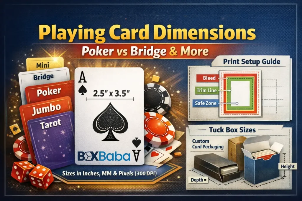 Playing card dimensions guide showing poker vs bridge card sizes, print setup, and tuck box dimensions