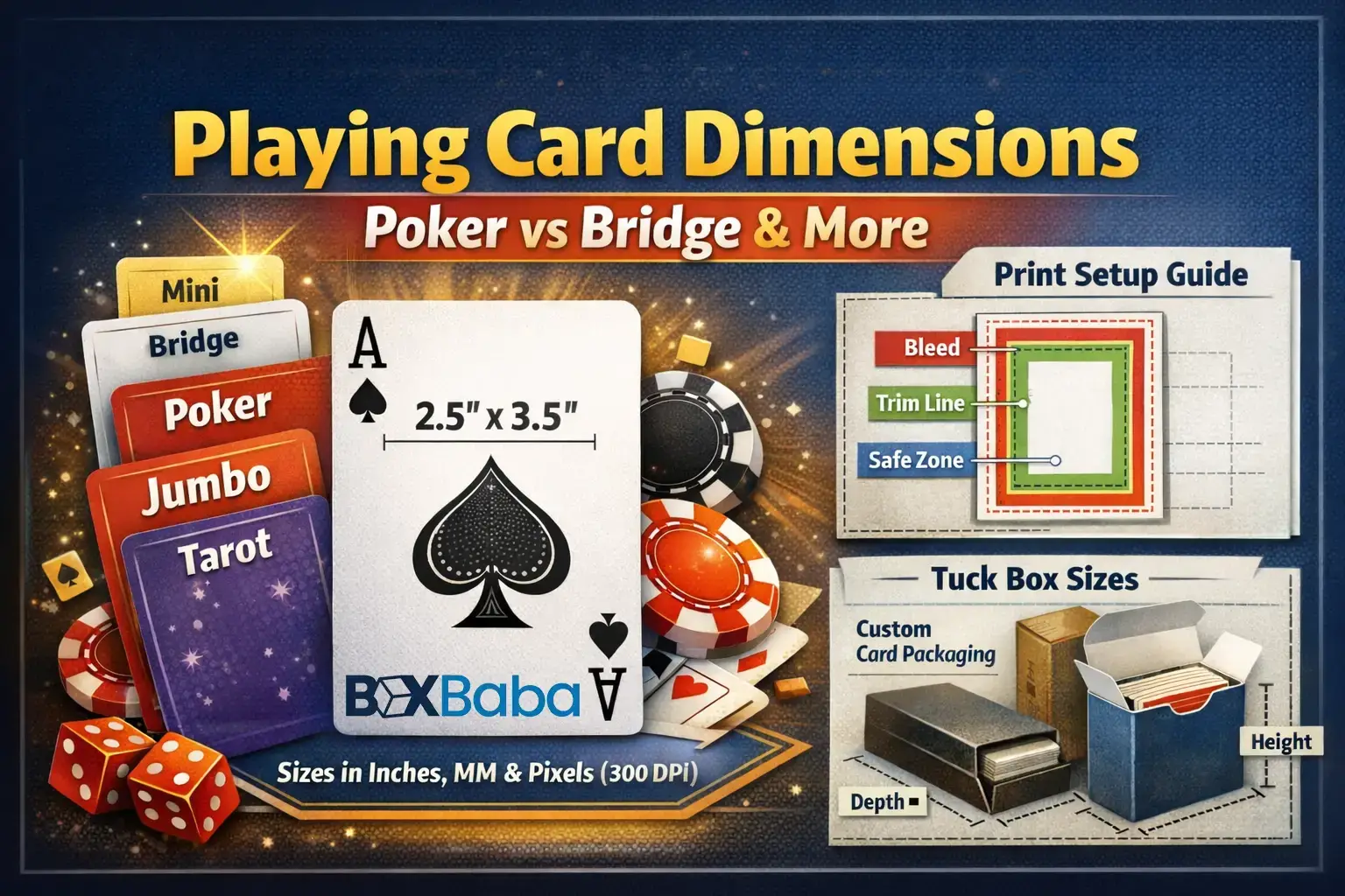 Playing card dimensions guide showing poker vs bridge card sizes, print setup, and tuck box dimensions