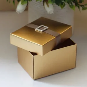 Close-up of Gold Gift Boxes with foil stamped logo