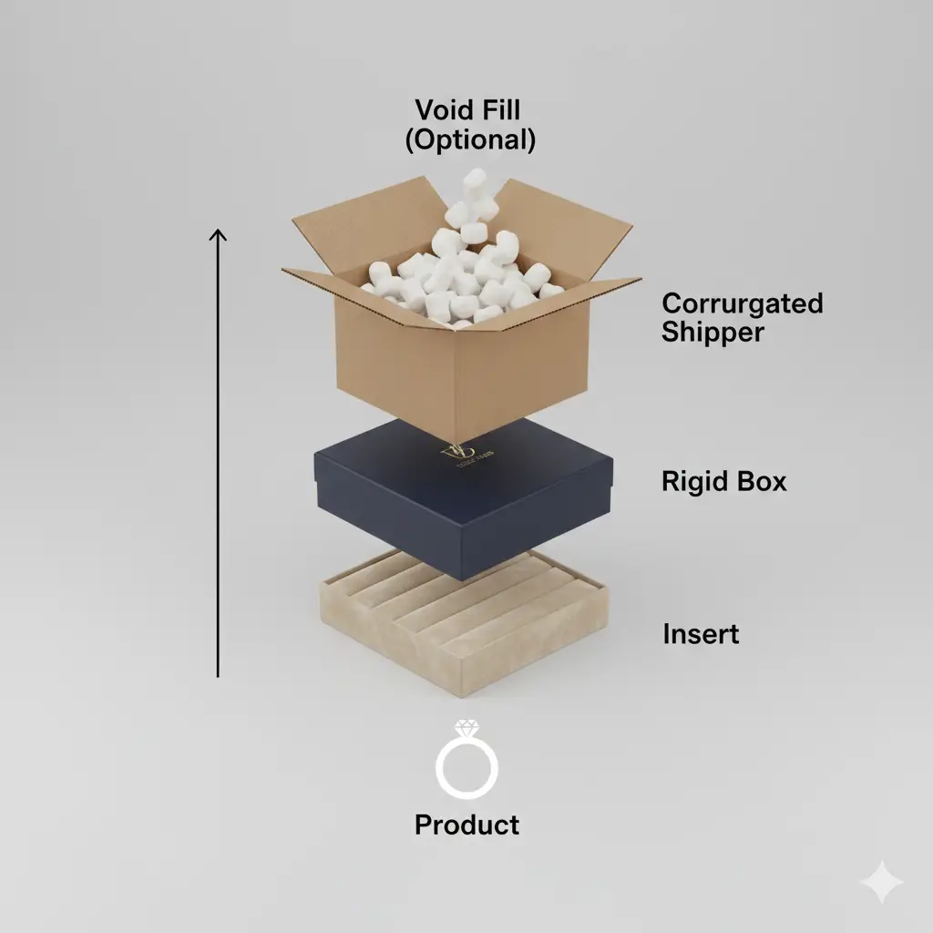 Ecommerce packaging system for jewelry with insert rigid box and corrugated shipper