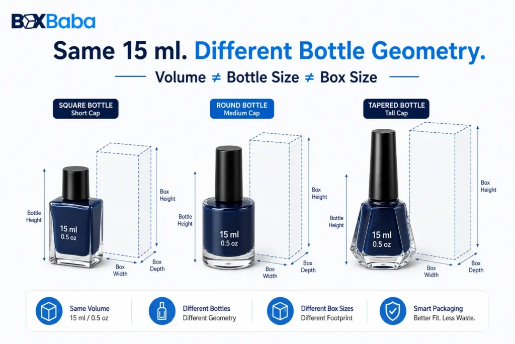 Three 15 ml nail polish bottles with different shapes and carton size requirements