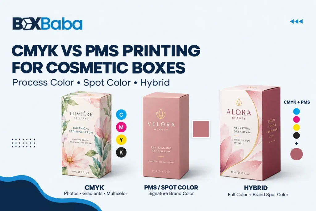 CMYK vs PMS printing for cosmetic boxes showing CMYK process color, PMS spot color and hybrid CMYK plus PMS packaging