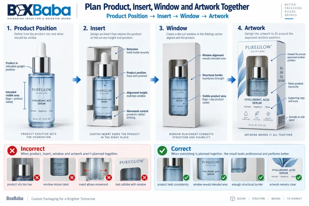 Cosmetic box insert and window alignment showing the relationship between product position, insert geometry, window placement and artwork
