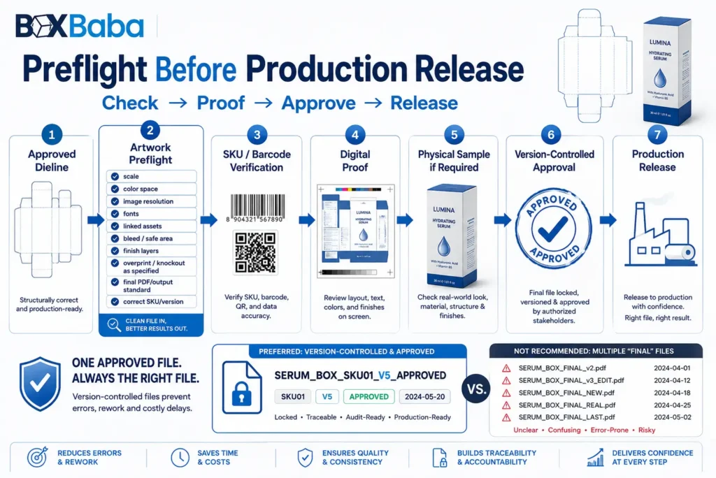 Cosmetic packaging artwork preflight workflow showing dieline review, technical file checks, SKU verification, proofing, version approval and production release