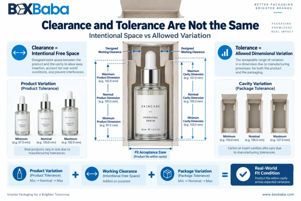 Cosmetic packaging clearance vs tolerance diagram showing product variation, working clearance, cavity dimensions and fit acceptance