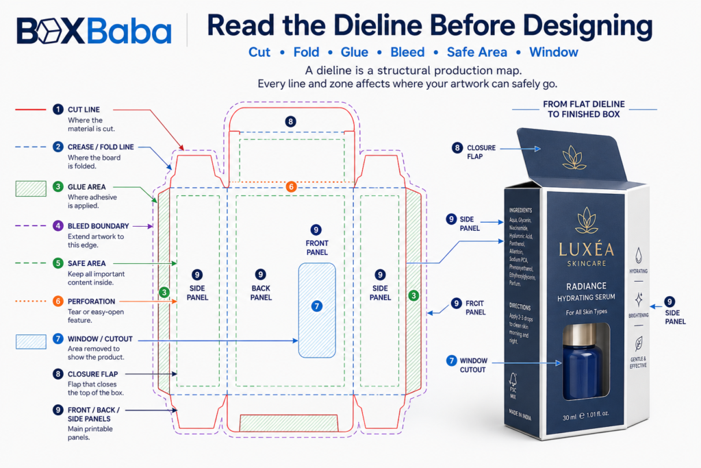 Cosmetic packaging dieline diagram showing cut lines, folds, glue areas, bleed, safe areas, window position and assembled carton panels