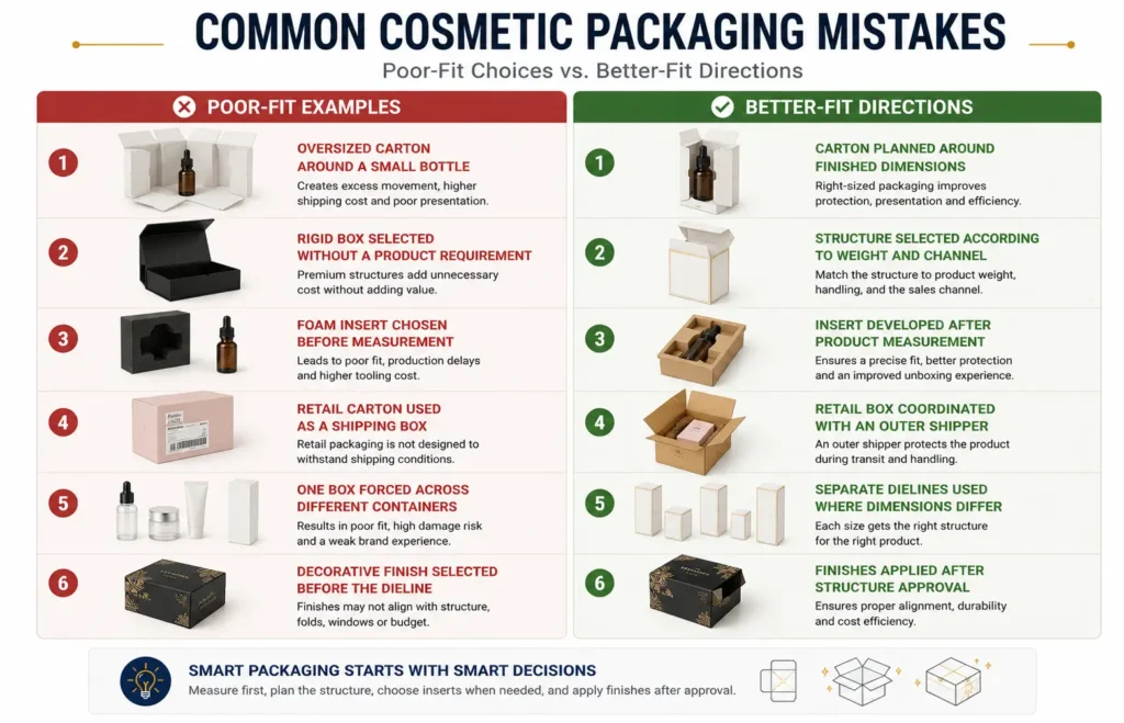 Two-column comparison of poor-fit cosmetic packaging choices and better-fit directions for carton sizing, inserts, shipping boxes, dielines and finishes.