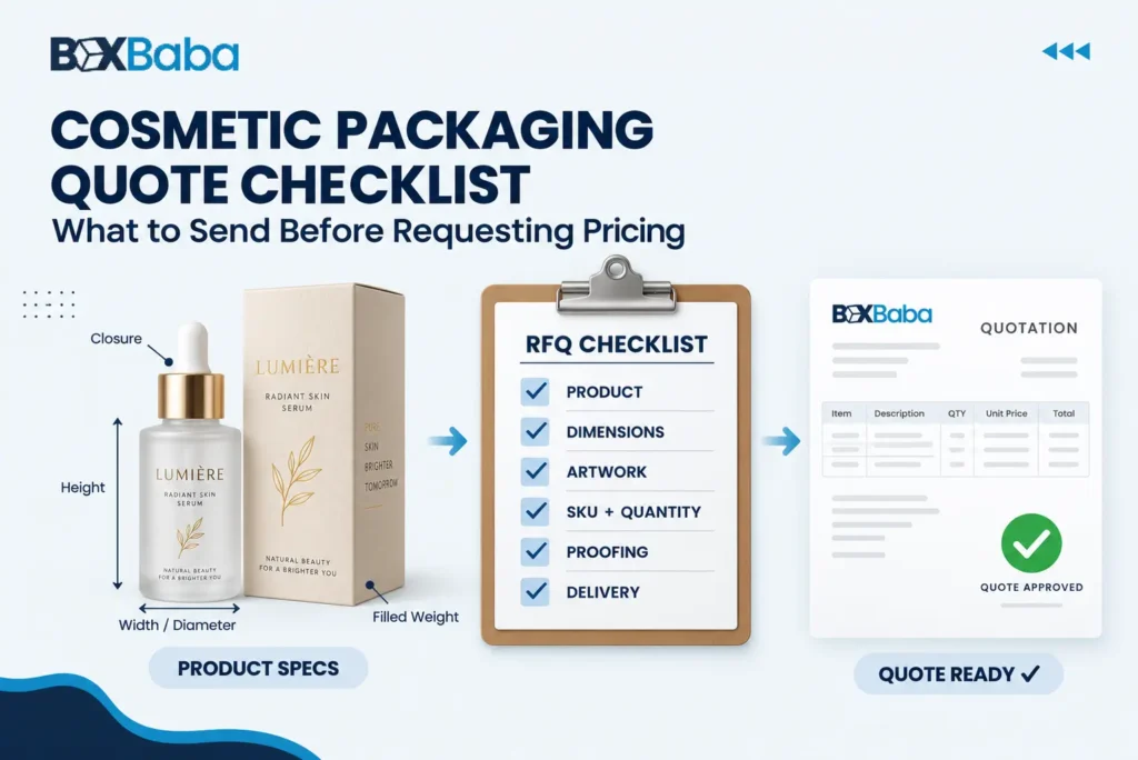 Cosmetic packaging quote checklist showing product specifications, RFQ requirements and supplier quote preparation