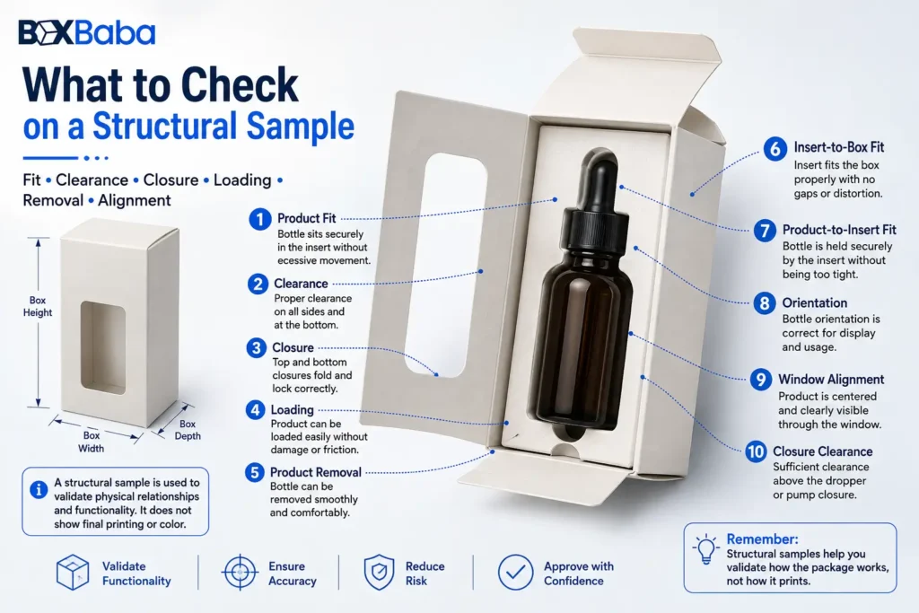 Blank cosmetic packaging structural sample with callouts for product fit, clearance, closure, loading, removal, insert fit, orientation and window alignment
