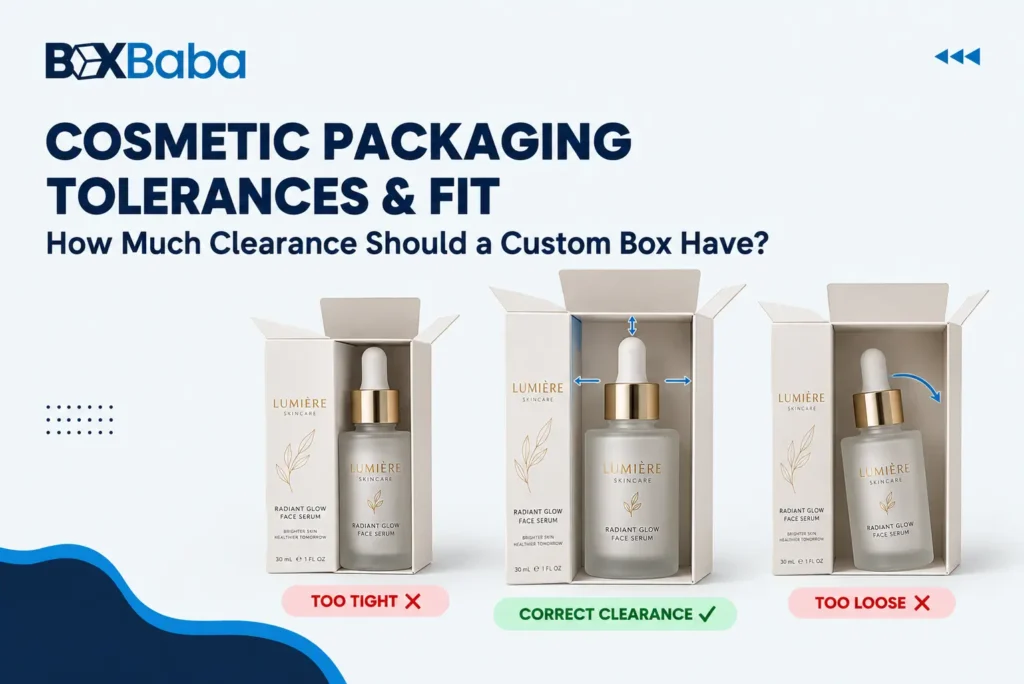 Cosmetic packaging tolerances and fit showing too-tight, correct-clearance and too-loose custom cosmetic boxes