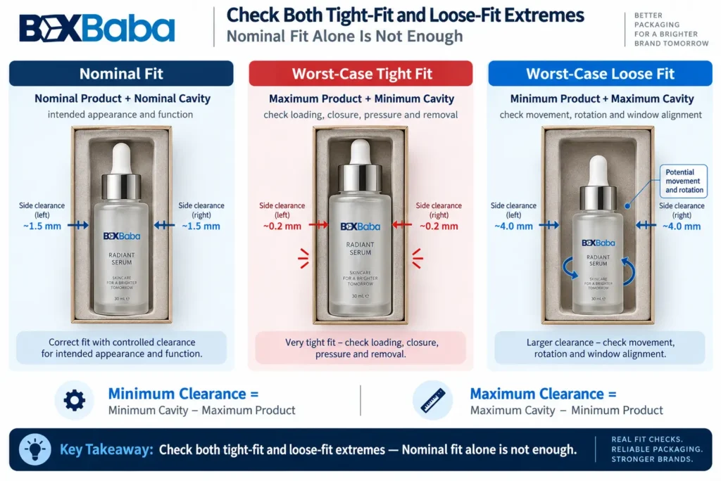 Cosmetic packaging worst-case fit comparison showing nominal fit, maximum product with minimum cavity, and minimum product with maximum cavity