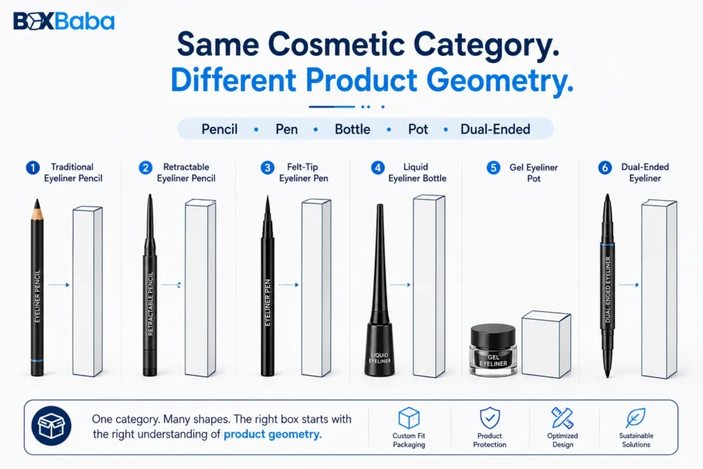 Comparison of traditional pencil, retractable pencil, felt-tip pen, liquid eyeliner bottle, gel eyeliner pot and dual-ended eyeliner with different carton shapes