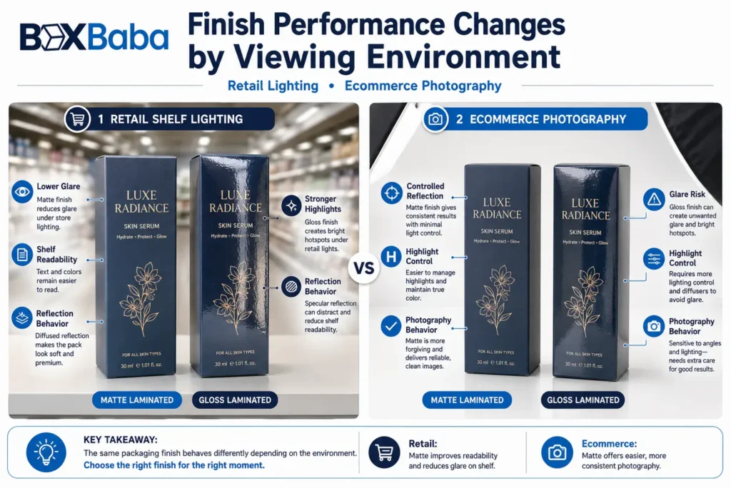 Comparison of matte and gloss laminated cosmetic cartons under retail shelf lighting and ecommerce photography showing differences in glare, readability, and reflection control