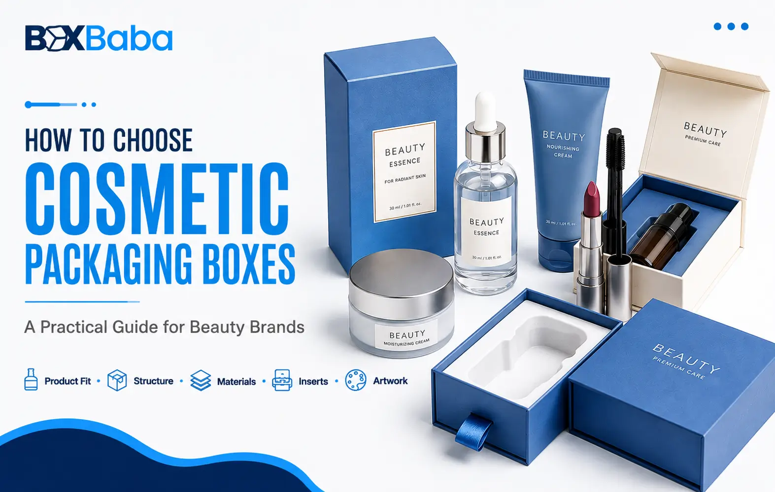 Custom cosmetic packaging boxes displayed with serum, cream, lipstick, mascara and skincare products for a packaging selection guide.