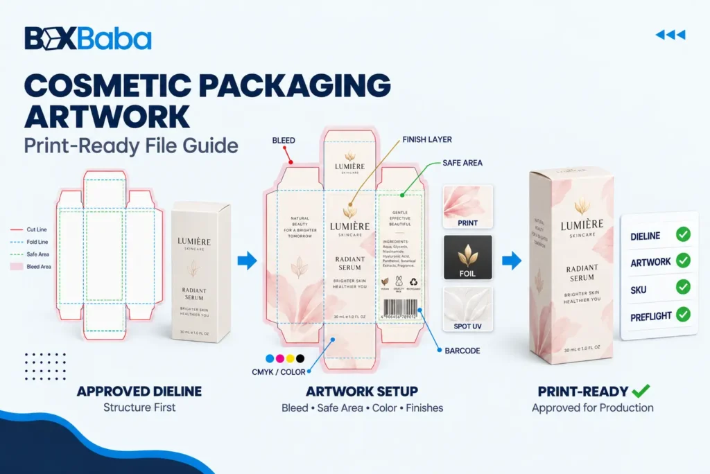 Cosmetic packaging artwork preparation showing approved dieline, bleed, safe areas, production layers and print-ready cosmetic box