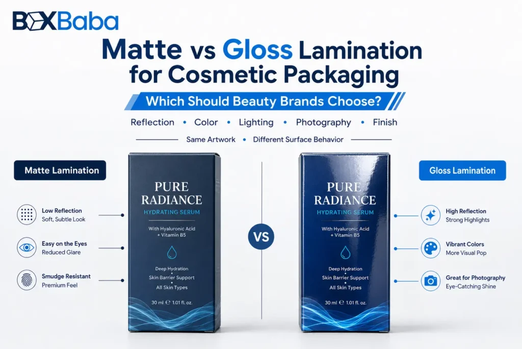 Side-by-side comparison of matte and gloss laminated cosmetic packaging showing differences in reflection, color appearance and surface finish