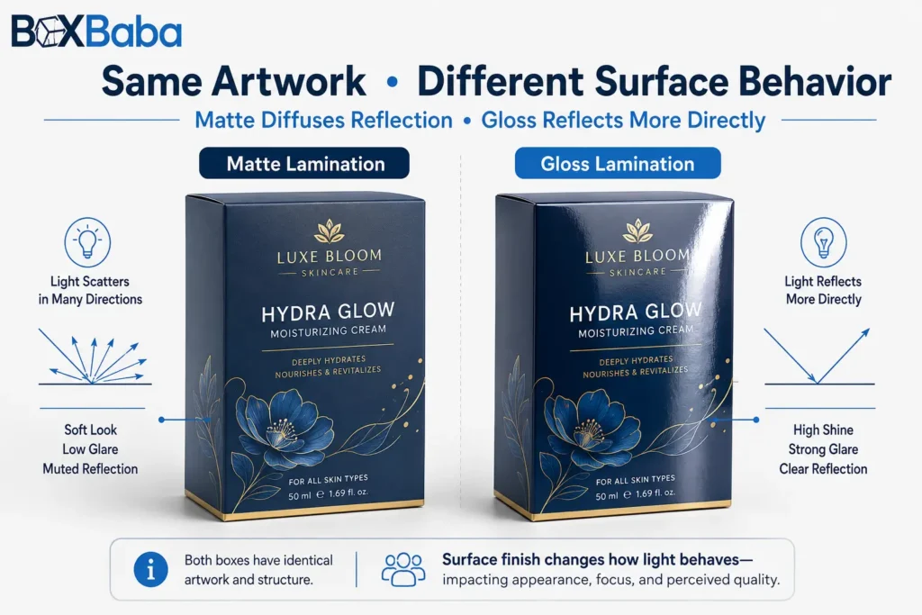 Side-by-side comparison of the same cosmetic packaging box with matte lamination and gloss lamination showing different light reflection and surface behavior.