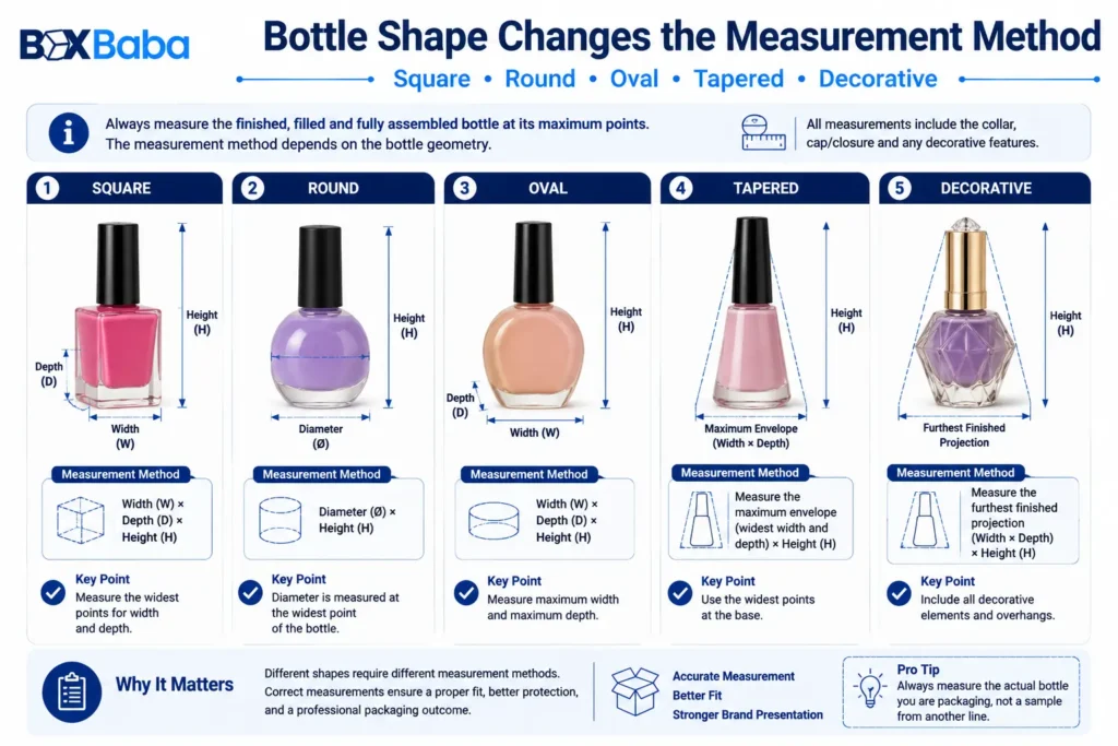 Comparison of square, round, oval, tapered and decorative nail polish bottle measurement methods