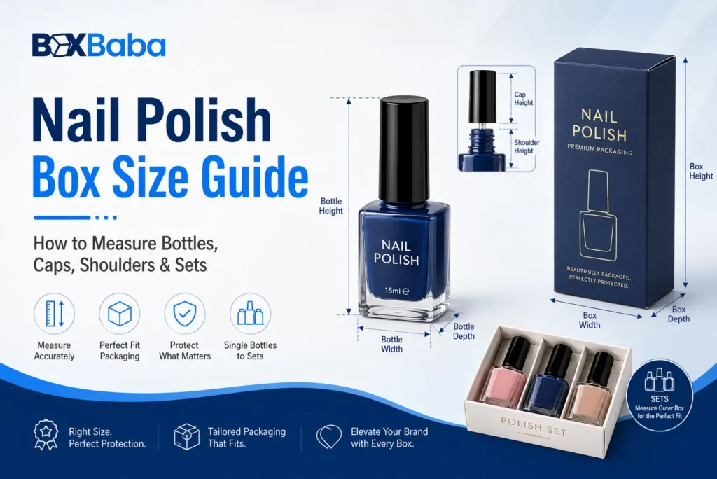 Nail polish box size guide showing how to measure bottle width, depth, height, shoulders and cap for custom boxes