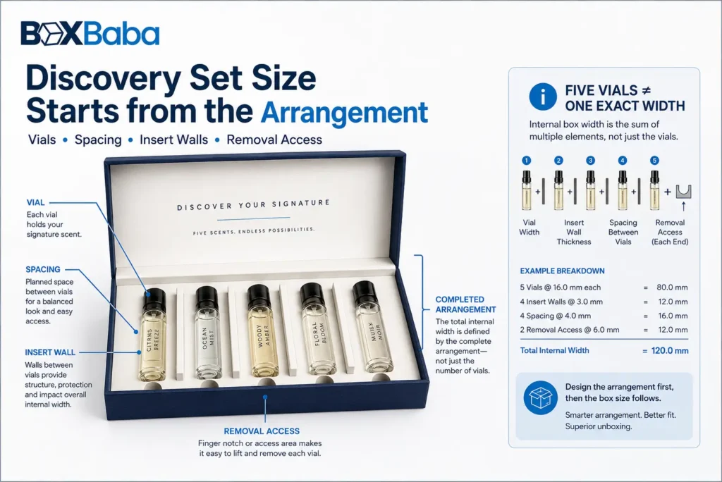 Perfume discovery set packaging diagram showing multiple fragrance vials arranged in insert cavities with spacing and removal access affecting final box size