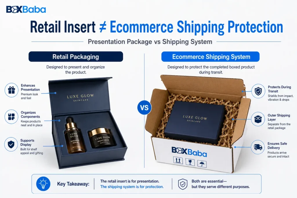 Difference between retail cosmetic box inserts and ecommerce shipping packaging for beauty products
