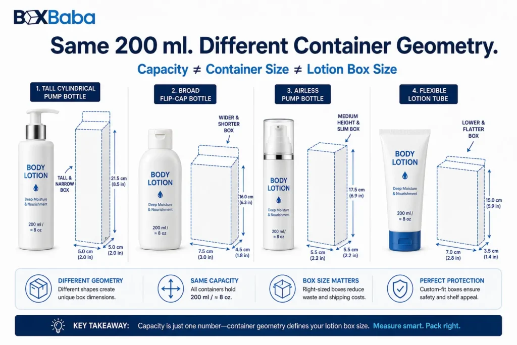 Four 200 ml lotion containers including a pump bottle, flip-cap bottle, airless bottle and tube with different carton shapes showing that capacity does not determine lotion box size