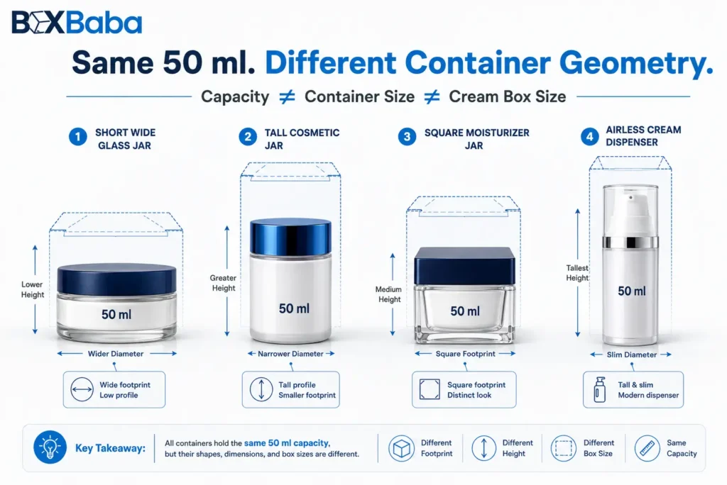 Four 50 ml cream containers including a wide jar, tall jar, square jar and airless dispenser with different carton shapes showing that capacity does not determine cream box size