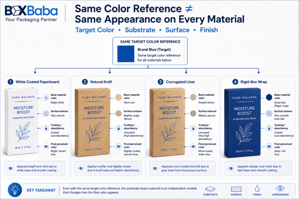 Same brand color shown on white paperboard, kraft, corrugated liner and rigid box wrap to demonstrate how packaging substrate can affect printed color appearance
