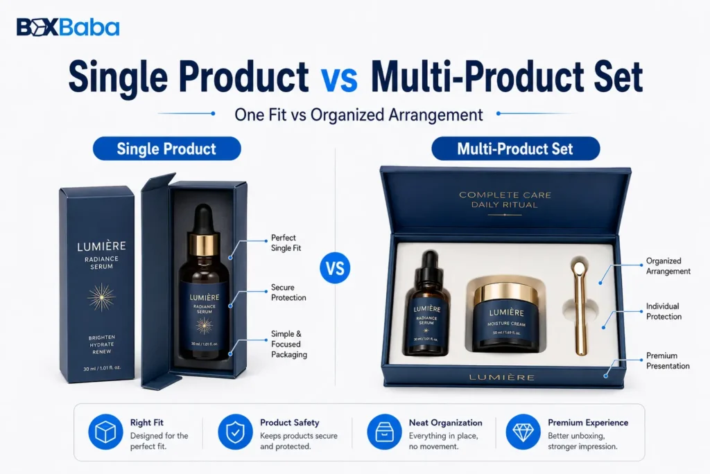 Comparison of single cosmetic product packaging and multi-product cosmetic set with insert arrangement