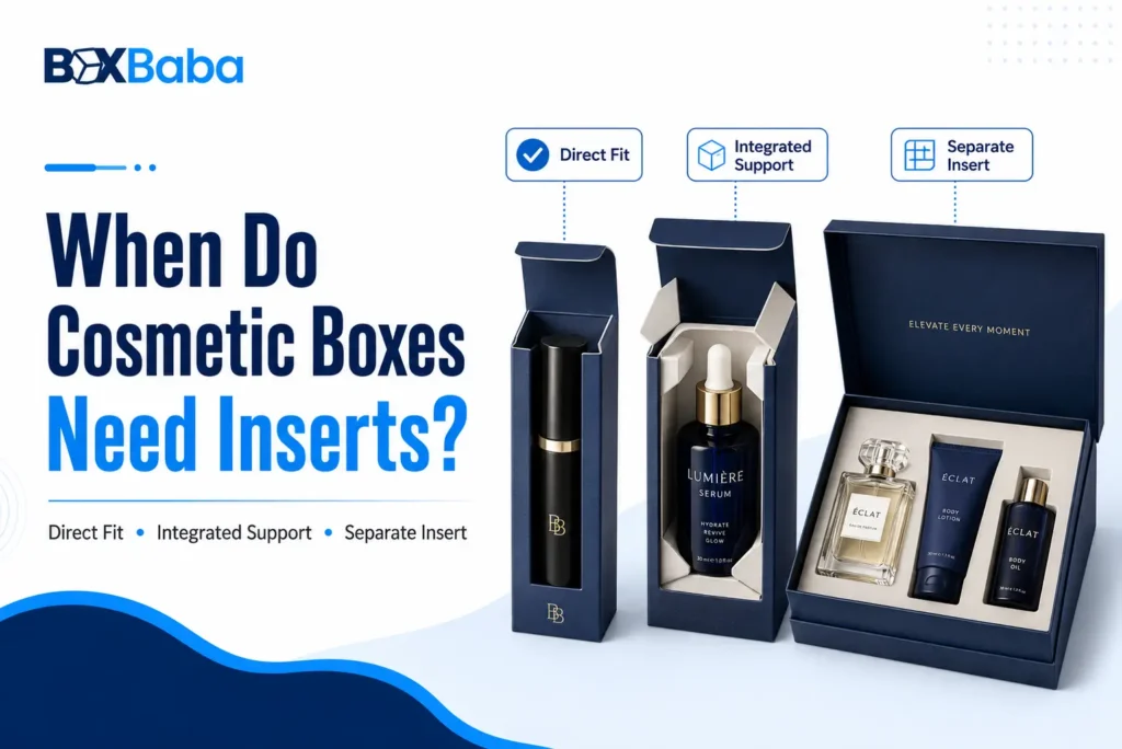 Cosmetic boxes with direct fit, integrated support and separate inserts for beauty products