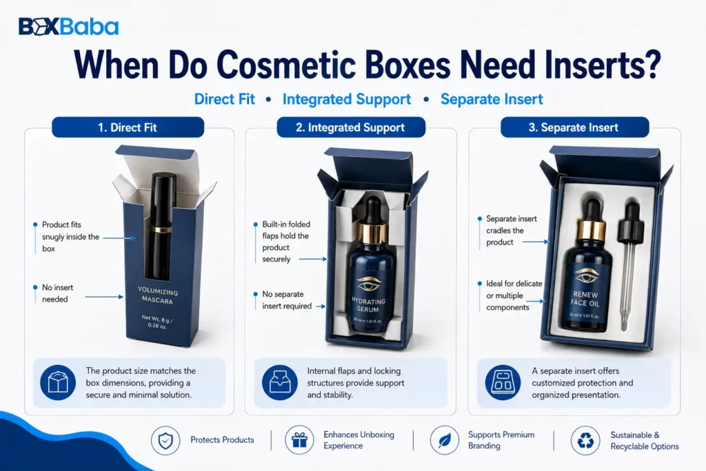 Comparison of direct fit, integrated carton support and separate insert in cosmetic packaging boxes