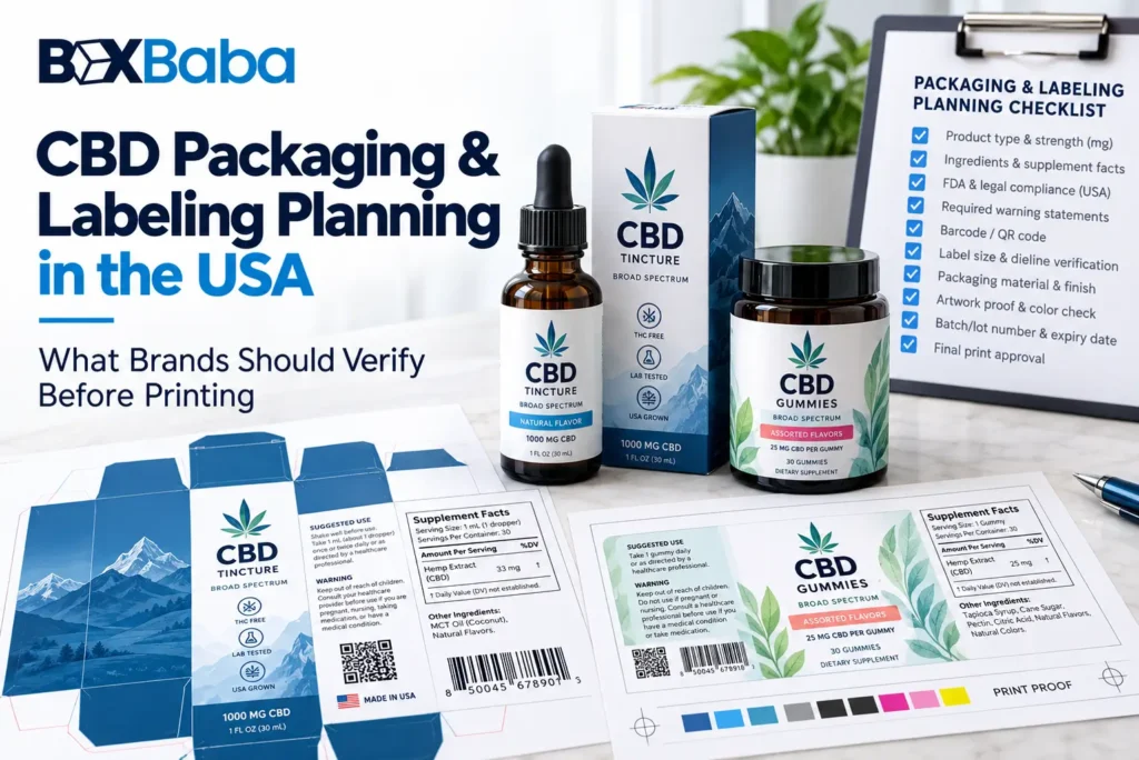 CBD packaging and labeling planning guide showing carton panels QR code barcode dieline claims review and pre-print verification for USA packaging