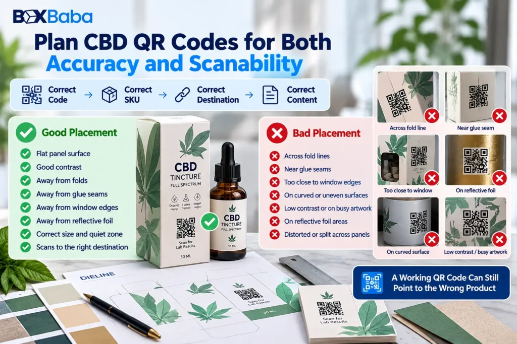 CBD packaging QR code placement diagram comparing correct flat-panel placement with folds seams windows and reflective finish conflicts