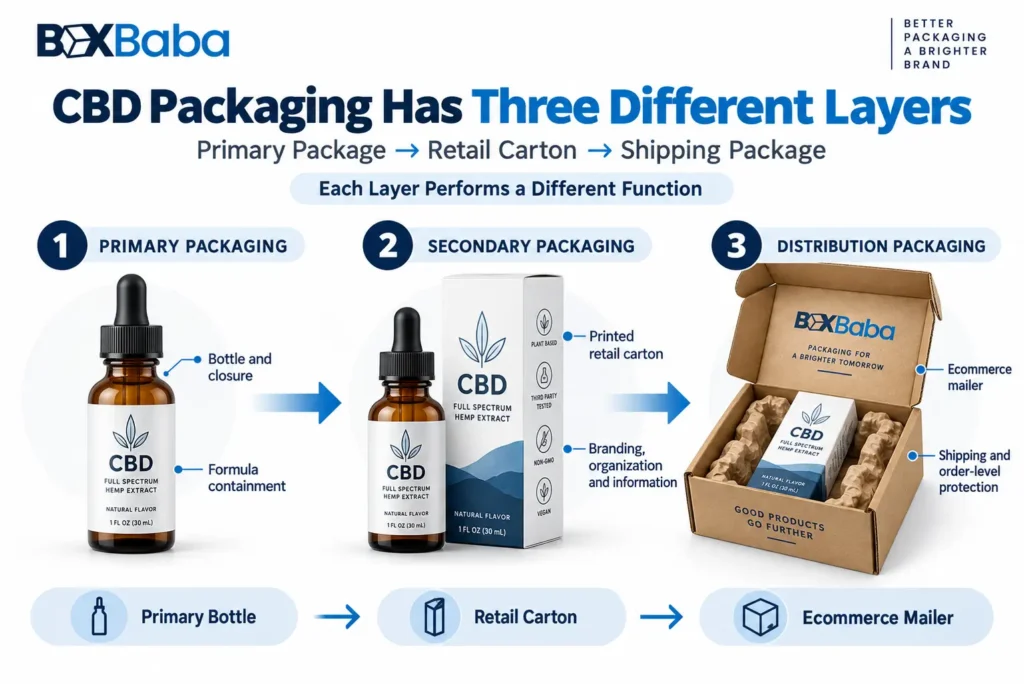 CBD packaging diagram comparing a primary dropper bottle, secondary printed retail carton and outer ecommerce shipping mailer.