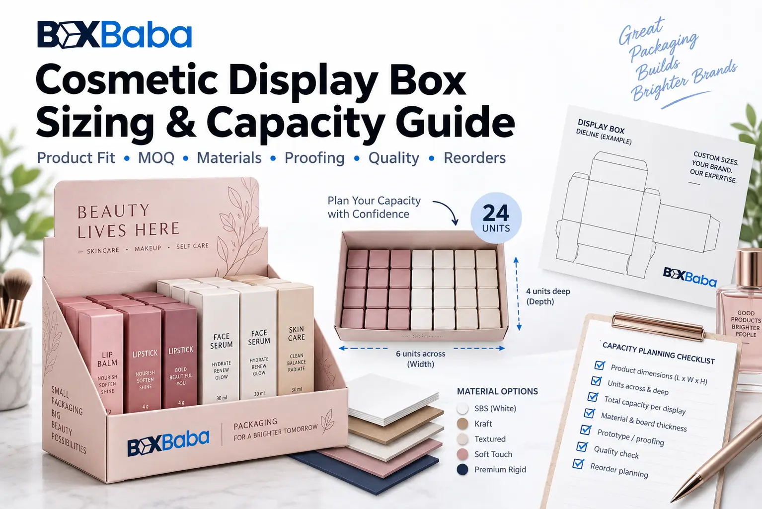 Cosmetic display box sizing and capacity guide showing 24-unit layout, display dimensions, dieline, materials and capacity planning