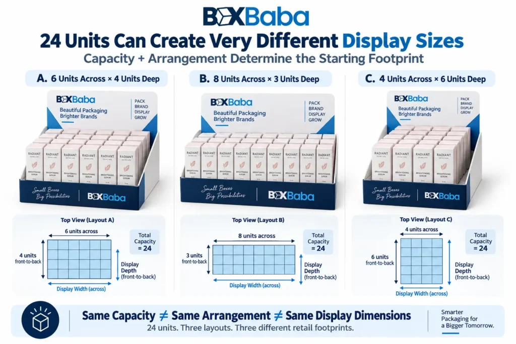 Three cosmetic display layouts holding 24 units with different products across and front-to-back arrangements creating different retail footprints