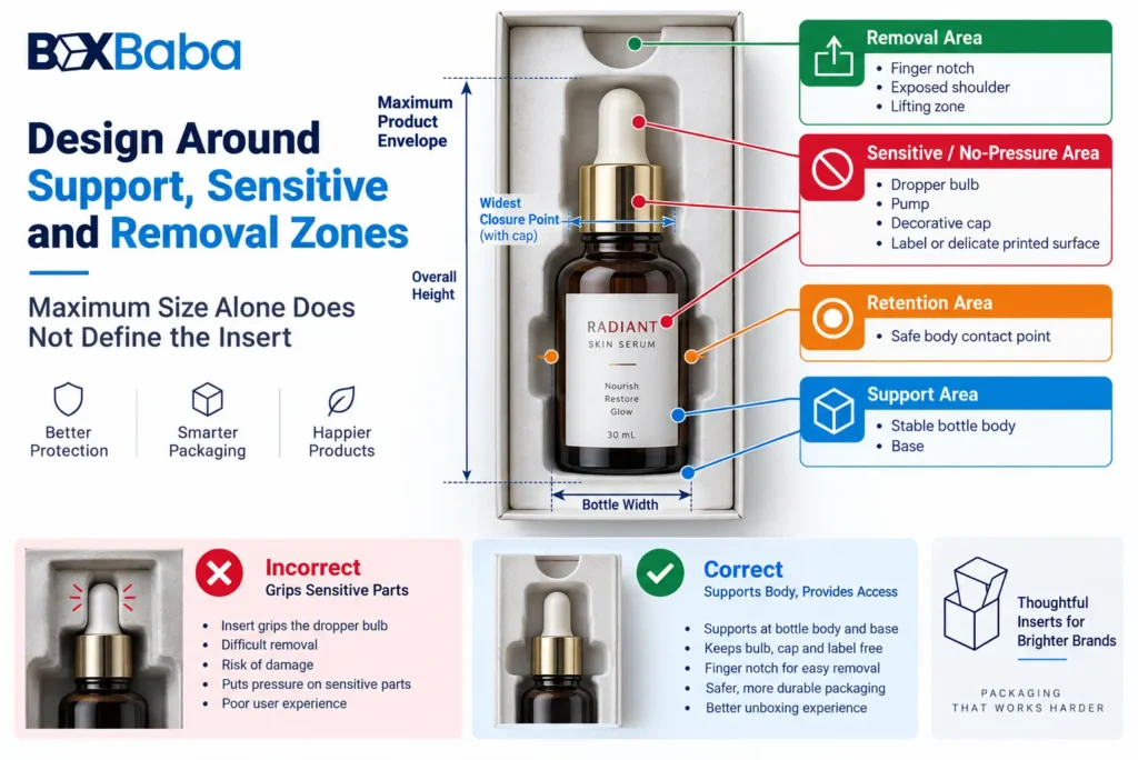Cosmetic insert design showing support, retention, no-pressure and removal zones around a serum dropper bottle