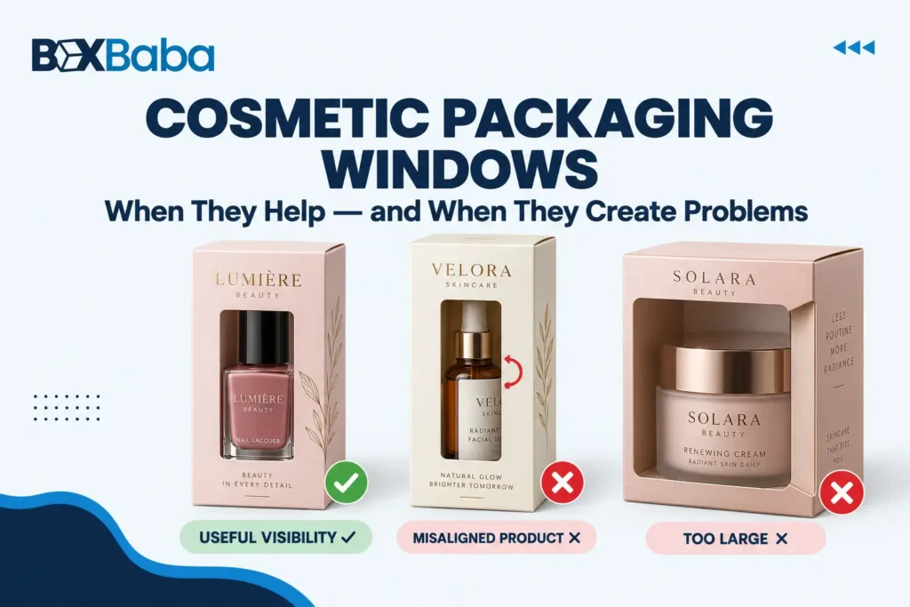 Cosmetic packaging windows showing useful product visibility, product misalignment and an oversized window problem