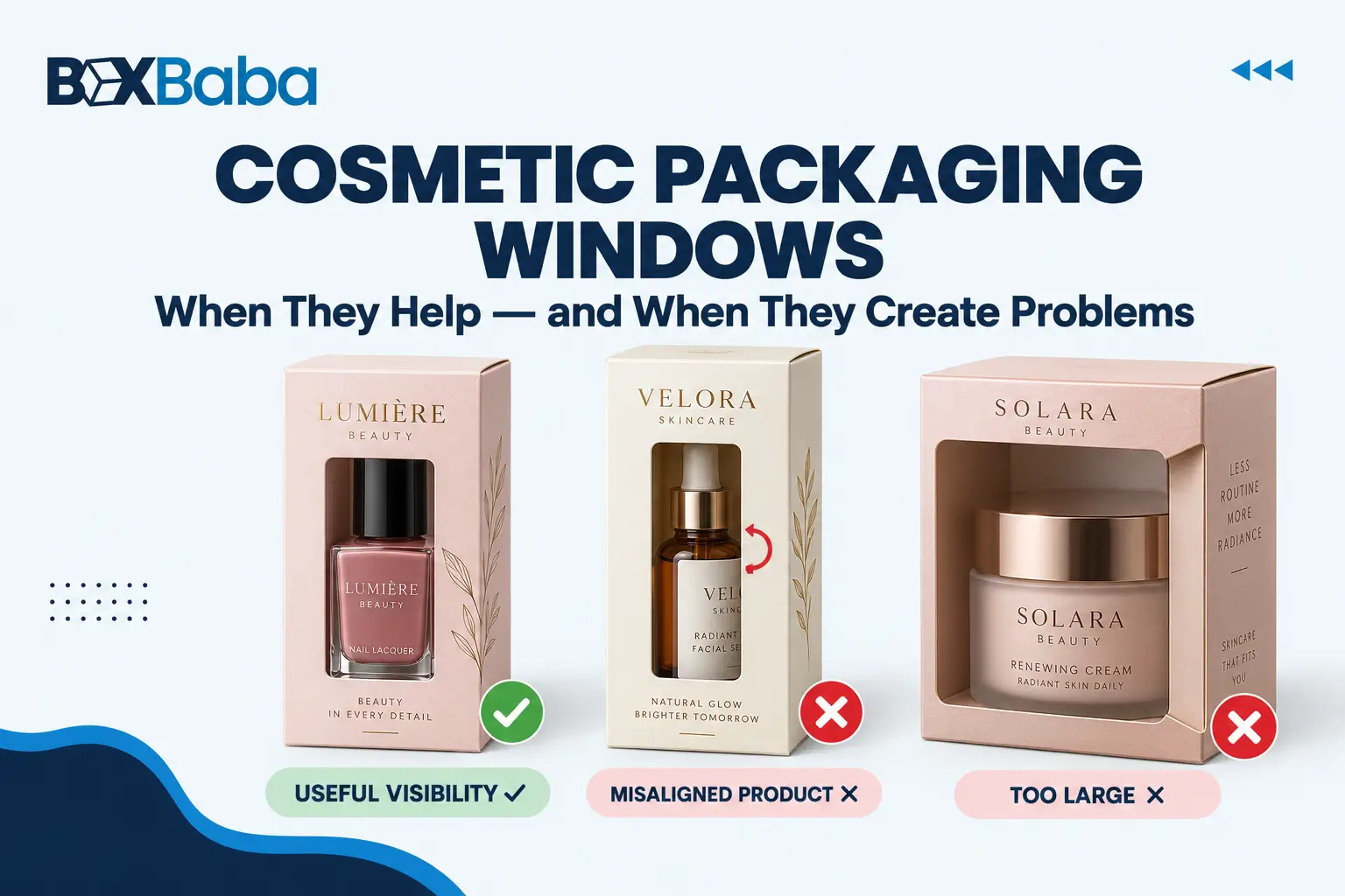 Cosmetic packaging windows showing useful product visibility, product misalignment and an oversized window problem