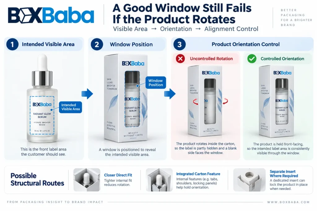 Cosmetic packaging window alignment showing how serum bottle rotation affects visible label position and product orientation