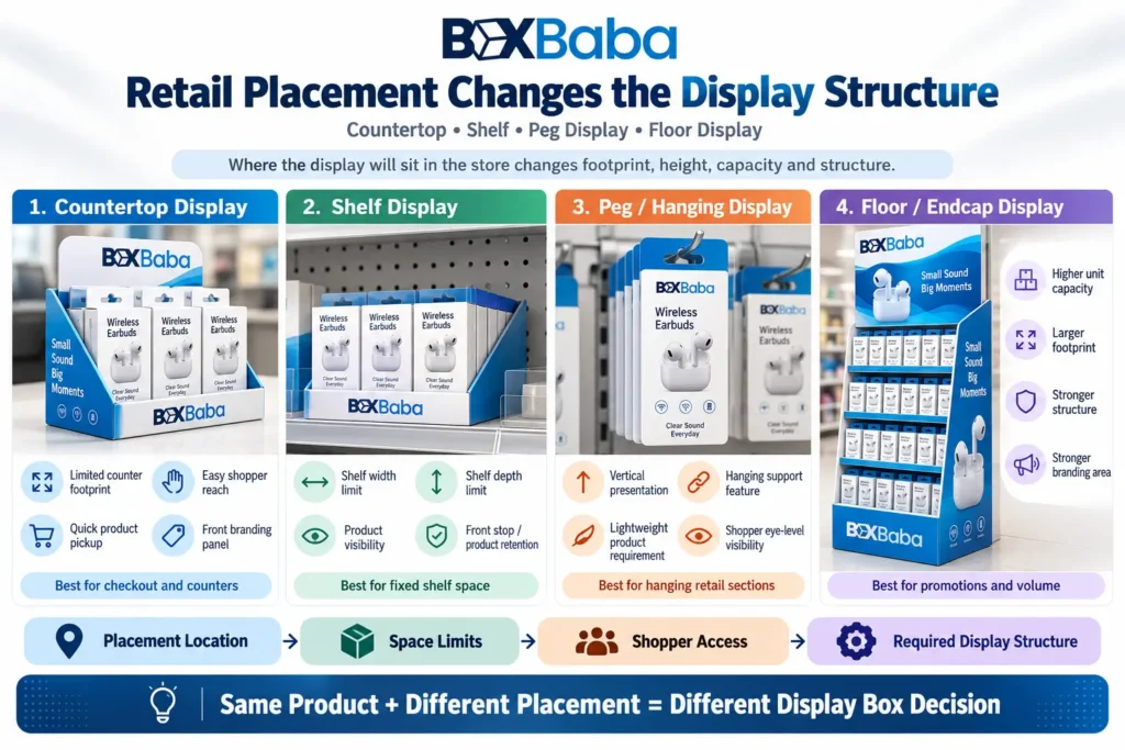 1. Retail display support comparison showing open tray dividers product holders and tiered platforms for different merchandising requirements