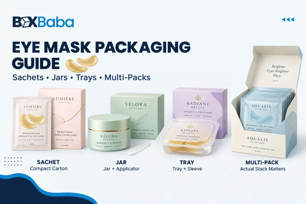 Eye mask packaging guide showing under-eye patch sachets, jars, trays and multi-pack boxes