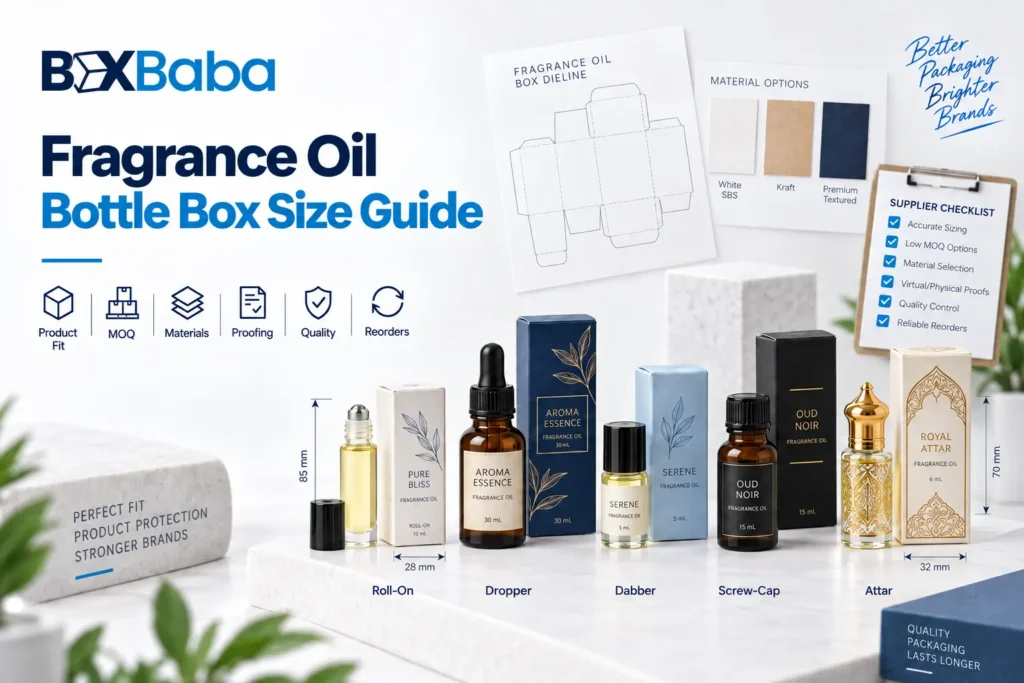 Fragrance oil bottle box size guide showing roller dropper dabber screw-cap and attar bottles with packaging measurement details