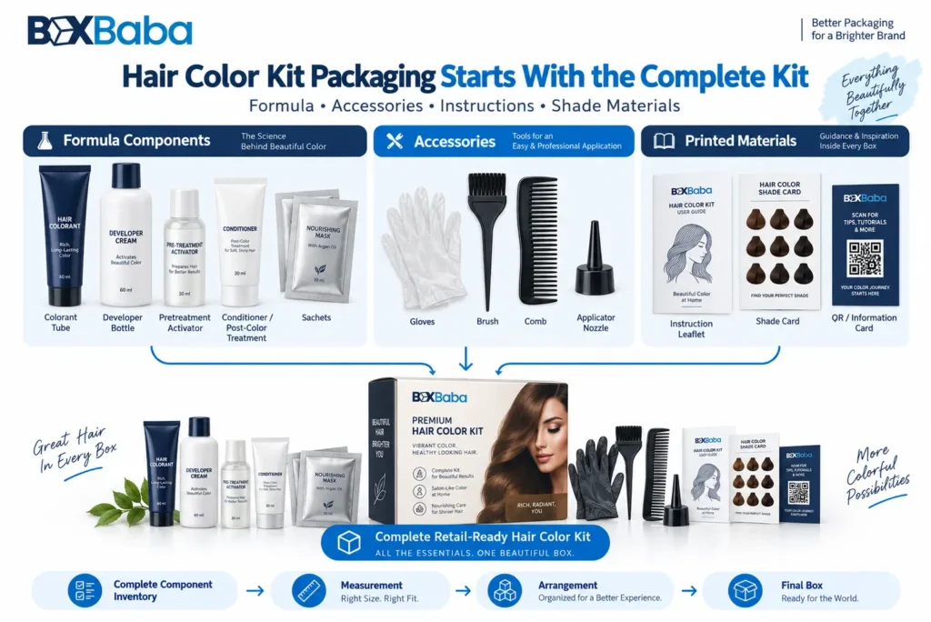 Hair color kit component inventory showing colorant tube developer bottle gloves sachets applicator and instruction materials before box planning