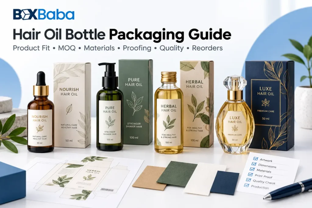 Hair oil bottle packaging guide showing dropper pump screw-cap and decorative bottles with closure weight orientation and secondary box planning