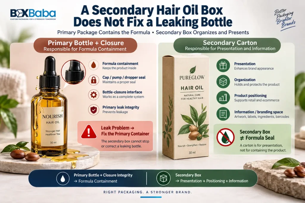 Hair oil packaging diagram showing primary bottle and closure responsible for formula containment while the secondary carton provides presentation positioning and information