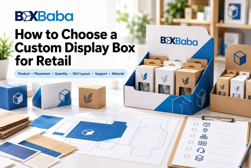 Custom display box selection guide showing product placement quantity SKU layout support structure material and retail footprint