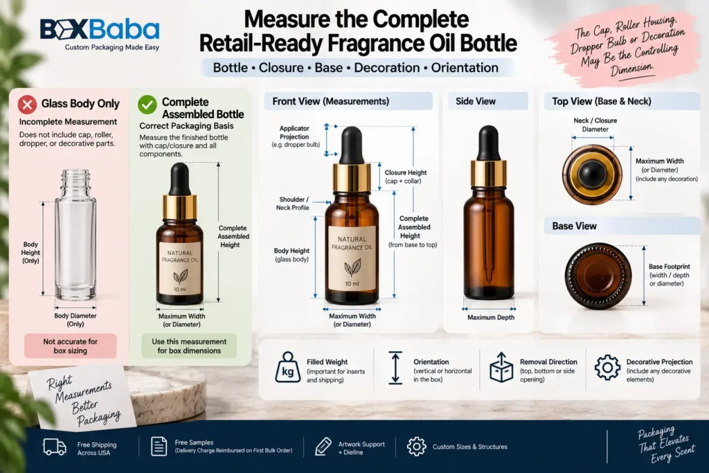 Fragrance oil bottle measurement diagram showing assembled height width depth base footprint closure profile and decorative projections