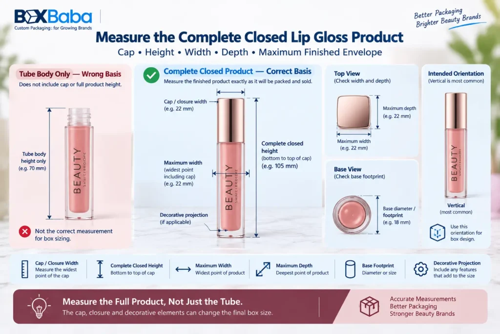 Wand lip gloss tube measurement diagram showing complete height cap width maximum width depth and finished product envelope